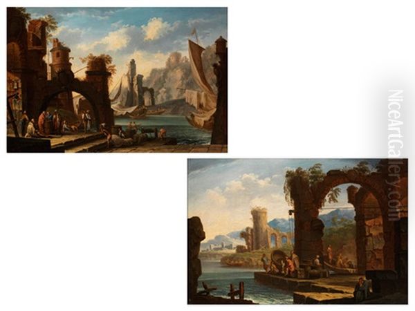 Mittelmeerhafen Mit Ruinoser Burganlage, Anliegenden Schiffen Und Figurenstaffage (+ Mittelmeerhafen Mit Hohem, Ruinosem Und Bewachsenem Mauerbogen, Pair) - view 1