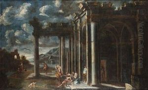 An Architectural Capriccio With Christ Giving The Keys To Peter (+ An Architectural Capriccio With Saints Peter And John Healing A Cripple; Pair) by Clemente Spera