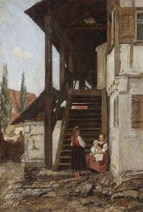 Two Peasant Girls And Small Child On Wooden Stairs Two Peasant Girls And Small Child On Wooden Stairs