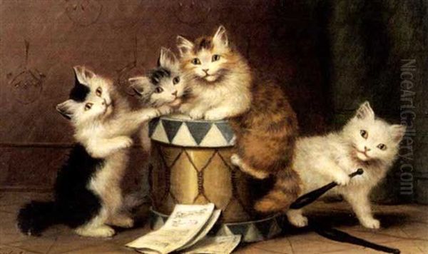 Vier Katzen Spielen Mit Einer Trommel - view 1