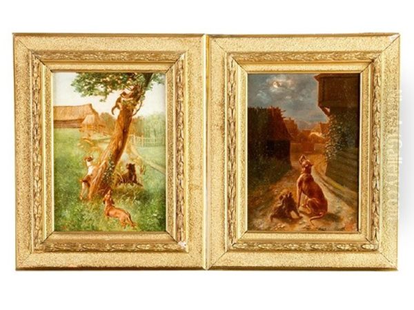 A Pair Of Paintings: 1. Dogs Barking To The Moon In The Night; 2. Dogs Hunting A Cat - view 1