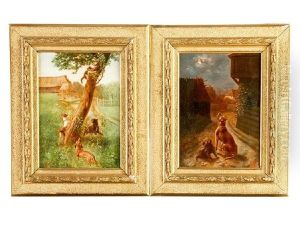 A Pair Of Paintings: 1. Dogs Barking To The Moon In The Night; 2. Dogs Hunting A Cat by Heinrich Sperling
