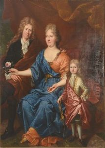 Portrait Of A Seated Lady, Children And Spaniel With Maid Behind...; Family Portrait Of A Seated Lady Holding A Rose With Husband And Child... (2 Works) by Peter Sperwer