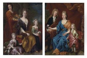 Portrait Of A Lady Richly Dressed, Seated, With Her Two Daughters, A Maid... (+ Portrait Of A Family, Seated, In Front Of A Brocade Curtain...; Pair) by Peter Sperwer