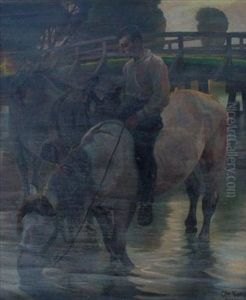 Landscape With Man On Horseback With Plow Horse On Lead Watering At Stream With Wooden Bridge In Background by Christian Speyer