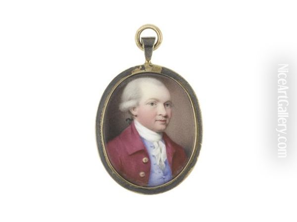 A Gentleman, Wearing Crimson Coat And Pale Blue Waistcoat, White Stock And Lace Cravat, His Powdered Wig Worn En Queue And Tied With Black Ribbon - view 1