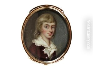 A Portrait Miniature Of The Hon. Thomas Dawson, Wearing Plum Jacket With Pearl Buttons, White Waistcoat And Chemise With Frilled Edge To His Collar, His Blond Hair Worn To His Shoulders