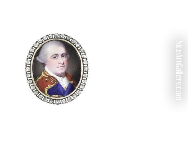 An Officer, Wearing Scarlet Uniform With Blue Facings Edged With Gold, Gold Epaulette, White Frilled Chemise, Stock And Cravat, His Powdered Wig Worn En Queue And Tied With Black Ribbon - view 1