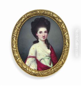 A Young Lady, In Sprigged White Dress With Peppermint Green Sash, Red Cloak Draped Over Her Left Shoulder And Fastened By A Pearl-set Armlet On Her Right Arm, Upswept Dark Hair Dressed In Ringlets