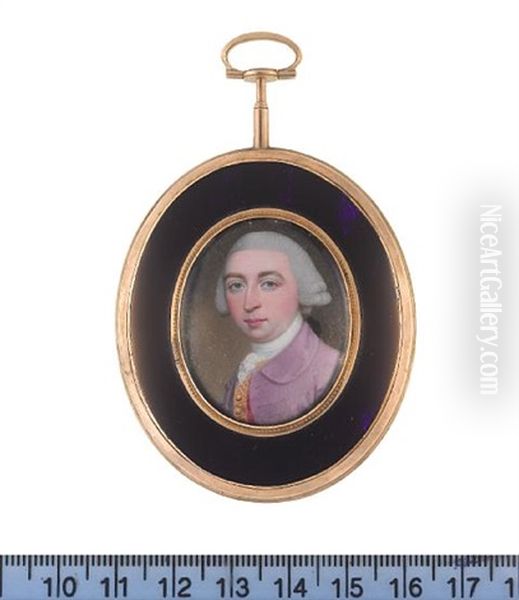 A Gentleman, Wearing Mauve Coat, Pink Waistcoat With Gold Brocade, White Cravat And Stock, His Powdered Wig, Worn En Queue And Tied With A Bow - view 1