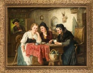 Suddeutsches Interieur In Dem Zwei Schwestern Von Einem Jungen Mann Beobachtet Tuscheln, Wahrend Die Mutter Karten Legt
