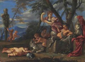 A Bacchanal With A Drunken Pan And Cavorting Putti Before A Term by Karel Philips Spierincks