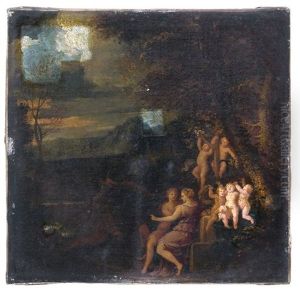 Allegorische Szene Mit Liebespaar Und Putten In Einer Landschaft