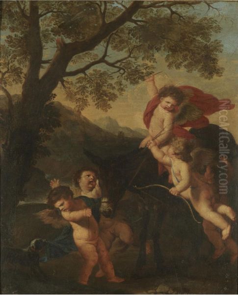 Putti Riding A Donkey In A Landscape - view 1