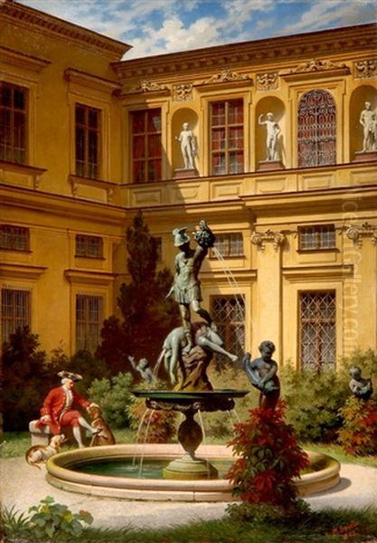 Eleganter Herr Mit Jagdhunden Vor Dem Perseusbrunnen, Grottenhof In Der Residenz In Munchen - view 1
