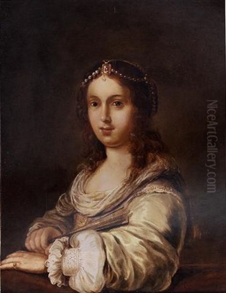 Portrait Of A Young Lady With A Pearl Headdress And Holding A Fan - view 1
