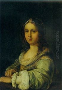 Portrait Of A Young Lady Wearing A Pearl Headdress, Holding A Fan