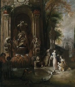 Zwei Frauen Mit Einem Kind Und Zwei Manner An Einer Prachtigen Brunnenanlage by Johann Spillenberger