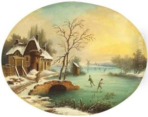 Schlittschuhlaufer In Winterlicher Landschaft by Hendricus Spilman