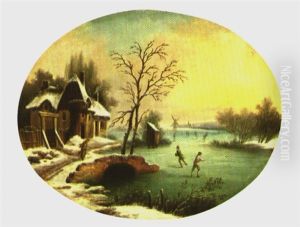 Schlittschuhlaufer In Winterlicher Landschaft