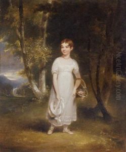Portrait Of Miss Collier In A White Dress And A Red Necklace, Holding Her Hat In One Hand And Carrying A Basket Of Flowers, In A Wooded Landscape, A Classical Building Beyond by Maria Spilsbury