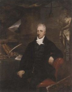 Portrait Of A Gentleman, Henry Grattan (?), In A Black Suit, At A Writing Desk, A Folio By His Side, Before A Classical Sculpture, A Landscape Beyond by Maria Spilsbury