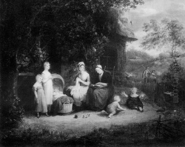 A Family Group With Children And Baby In A Cradle Before A Thatched Cottage, Haymaking Beyond - view 1