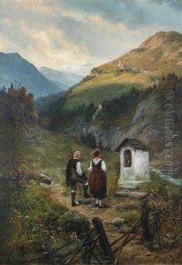 Wanderndes Paar Vor Bildstock Im Gebirge