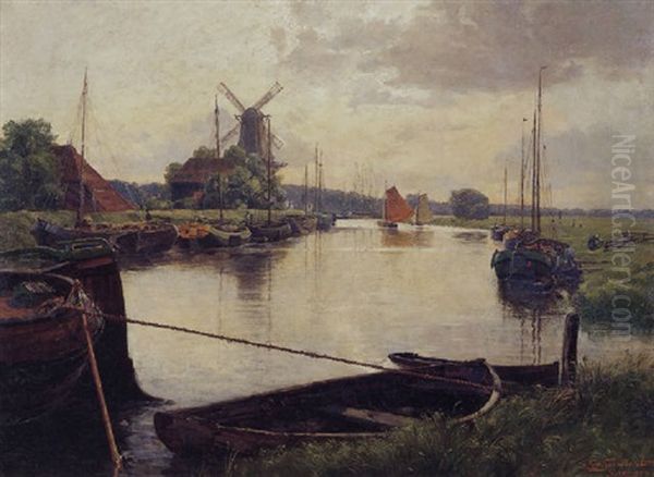 River With Moored Boats, Groningen, The Netherlands - view 1