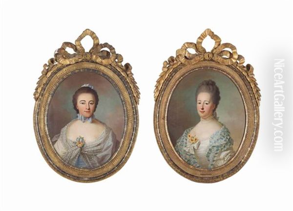 Portrait Of Baroness Isabella Agneta Van Lockhorst (1732-1765), Wife Of Jan Elias Huydecoper Van Maarseveen, Bust-length, In A Blue And White Dress With Striped Voile And Flower Piece, A Bow Around Her Neck; And Portrait Of Agneta Geertruida Van Lockhorst - view 1