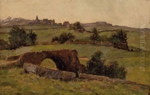 Landschaft Mit Steinbrucke Und Dorf by Karl Spitz
