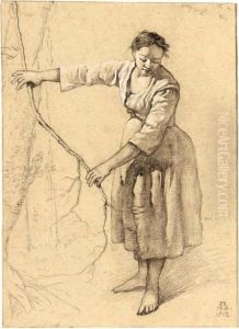 Study Of A Standing Peasant Woman Holding A Branch by Josef von Brandt