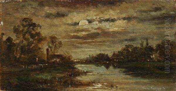 Village By The River In Moonlight - view 1