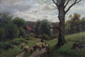 Hirte Mit Seiner Schafherde Auf Einem Von Baumen Gesaumten Weg Zwischen Den Wiesen by August (Karl Martin A.) Splitgerber