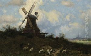 Kleine Schafherde Bei Einer Windmuhle by August (Karl Martin A.) Splitgerber