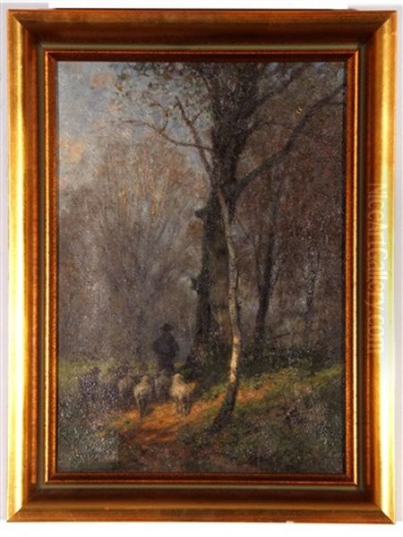 Winter Wooded Landscape With Shepherd And Sheep In A Lane - view 1