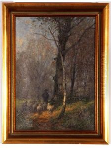 Winter Wooded Landscape With Shepherd And Sheep In A Lane Winter Wooded Landscape With Shepherd And Sheep In A Lane