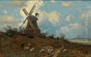 Landschaft Mit Muhle Und Schafherde, Im Hintergrund Silhouette Eines Stadtchens