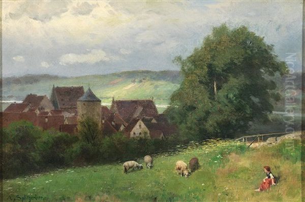 Hauser Am Main. Weidelandschaft Mit Schafen Und Kleinem Madchen Als Huterin. Blick Auf Mittelalterliche Stadt Im Tal. Sommertag - view 1