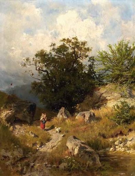 Madchen Mit Kind Auf Dem Rucken In Wiesenlandschaft - view 1