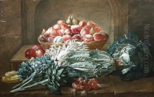 Still Life Of A Cabbage, Artichokes, Fennel, Apples, Marrows And A Basket Of Peaches And Figs On A Table