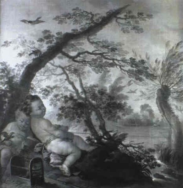 Deux Putti Jouant Au Bord D'une Riviere - view 1