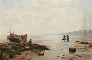Breton Coastal Scene With A Fisher And Mussel Gatherers by Eduard Spoerer