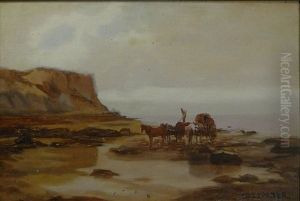 Tangsammler Mit Fuhrwerk An Felsiger Kuste by Eduard Spoerer