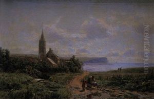 Frau Mit Karren Und Kind Vor Dorf Am Meer Frau Mit Karren Und Kind Vor Dorf Am Meer