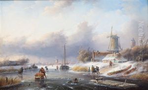 A Dutch Winter Landscape With Figures On The Ice by Jan Jacob Spohler