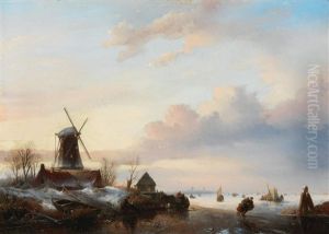 Winter Landscape With Skaters Beside A Windmill