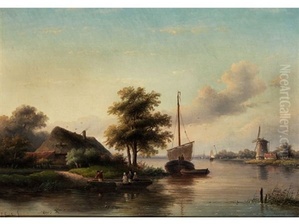 Flusslandschaft Mit Schiffen, Muhle Und Reetgedecktem Haus - view 1