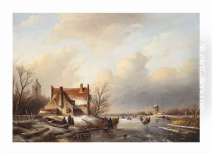 A Winter Landscape With Skaters Near A Farmhouse