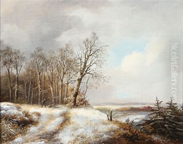 Hunter With Dog In Winter Landscape - view 1